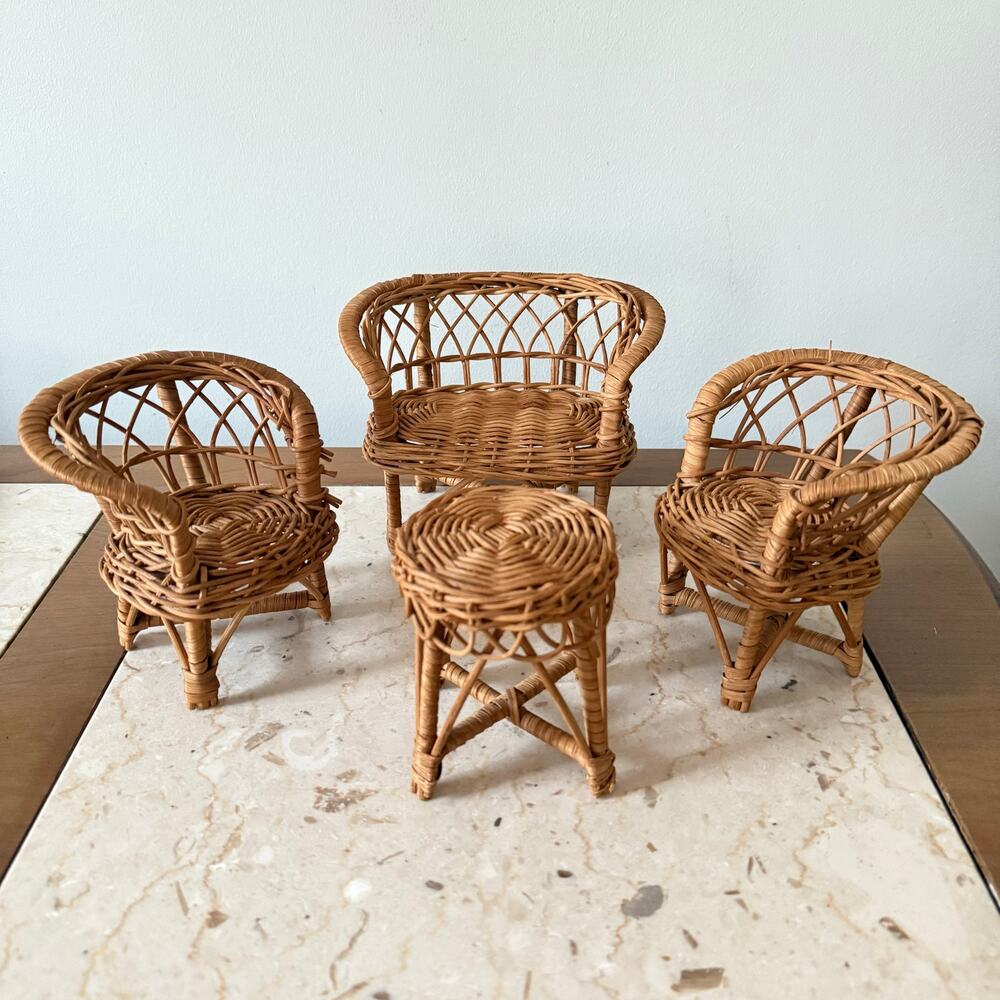 Vintage Rattan Wicker Furniture Set of 4 For Barbie or Dollhouse Chairs Table